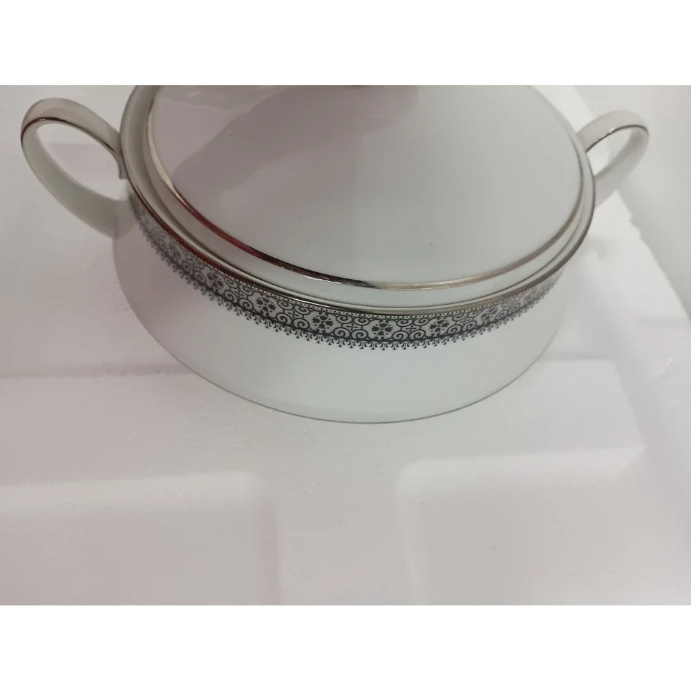 VTG Noritake Round Covered Vegetable‎ Dish White Silver Filigree Pattern Serving